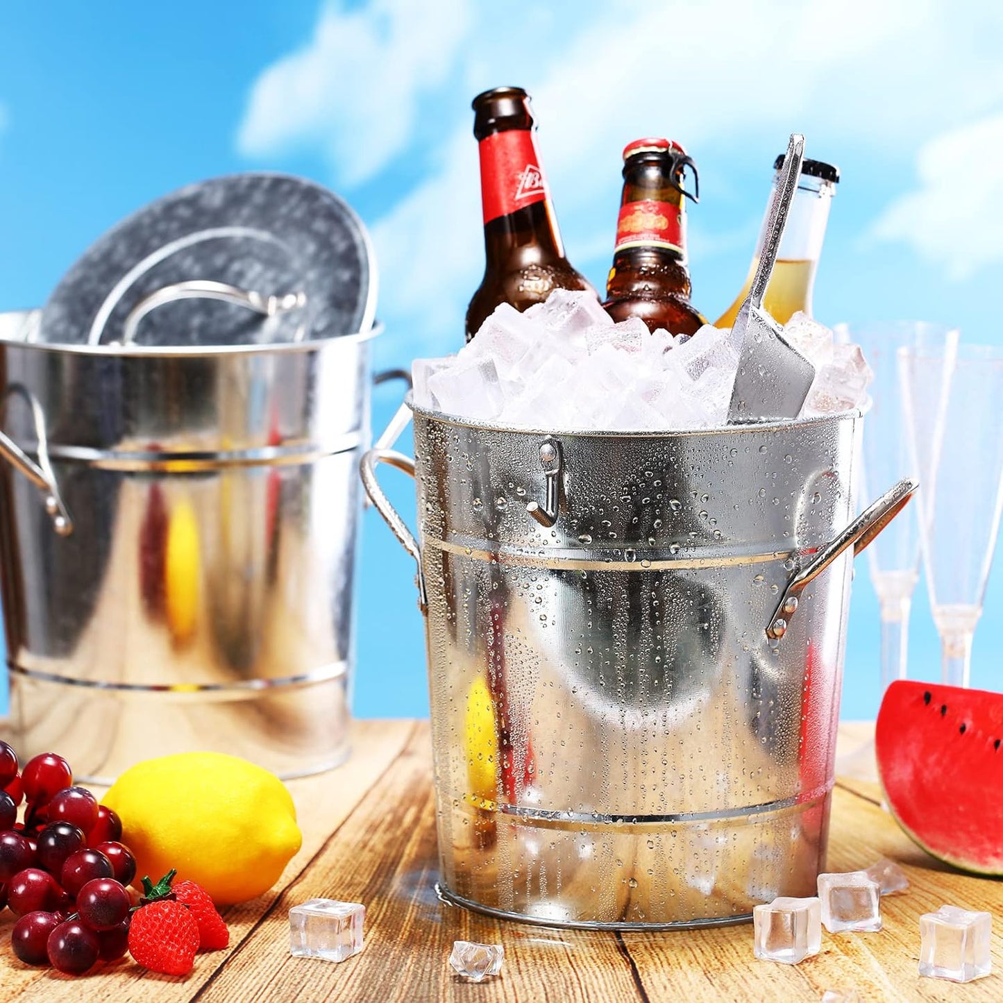 4 Pcs Insulated Ice Bucket 5.3 QT/ 5 L, Galvanized Ice Buckets For Parties, Metal Bucket Cooler Drink Tub with Lid, Scooper, Stainless Steel Wine Cooler Bucket for Cocktail Bar Beverage Champagne