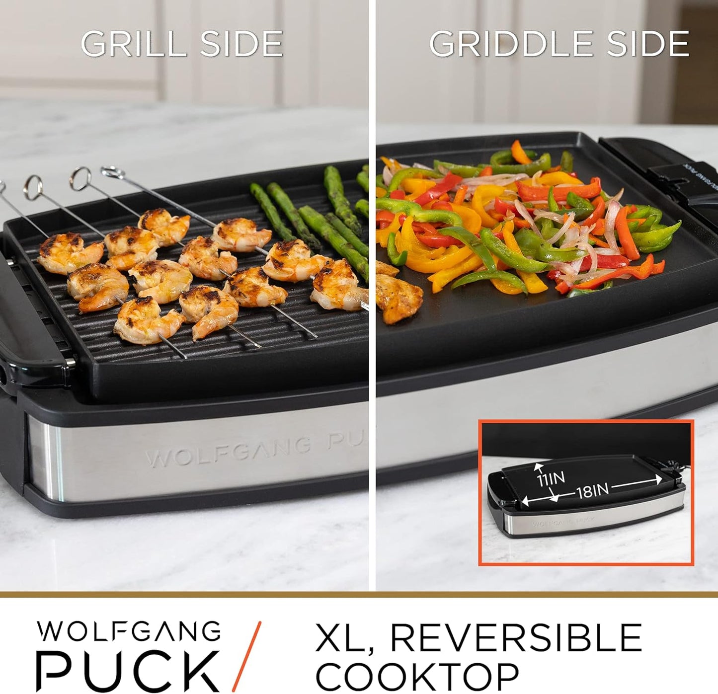 Wolfgang Puck XL Reversible Grill Griddle, Oversized Removable Cooking Plate, Nonstick Coating, Dishwasher Safe, Heats Up to 400ºF, Stay Cool Handles
