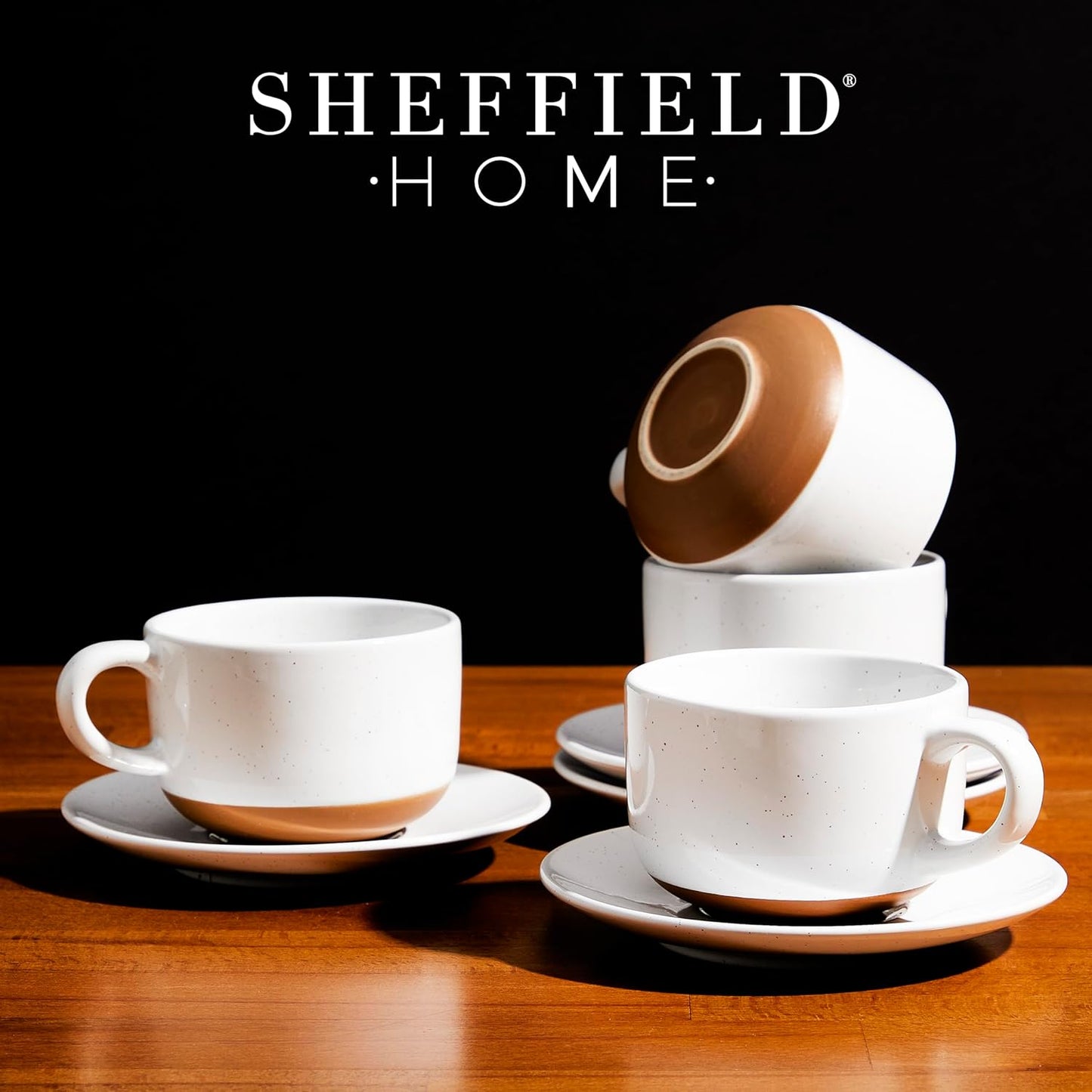 SHEFFIELD HOME Elegant Coffee Mug Set - Set of 4 Stoneware 8oz Cups with Saucers – Dishwasher and Microwave Safe Ceramic - Ideal for Cappuccino, Espresso, Latte, or Tea - Vanilla White