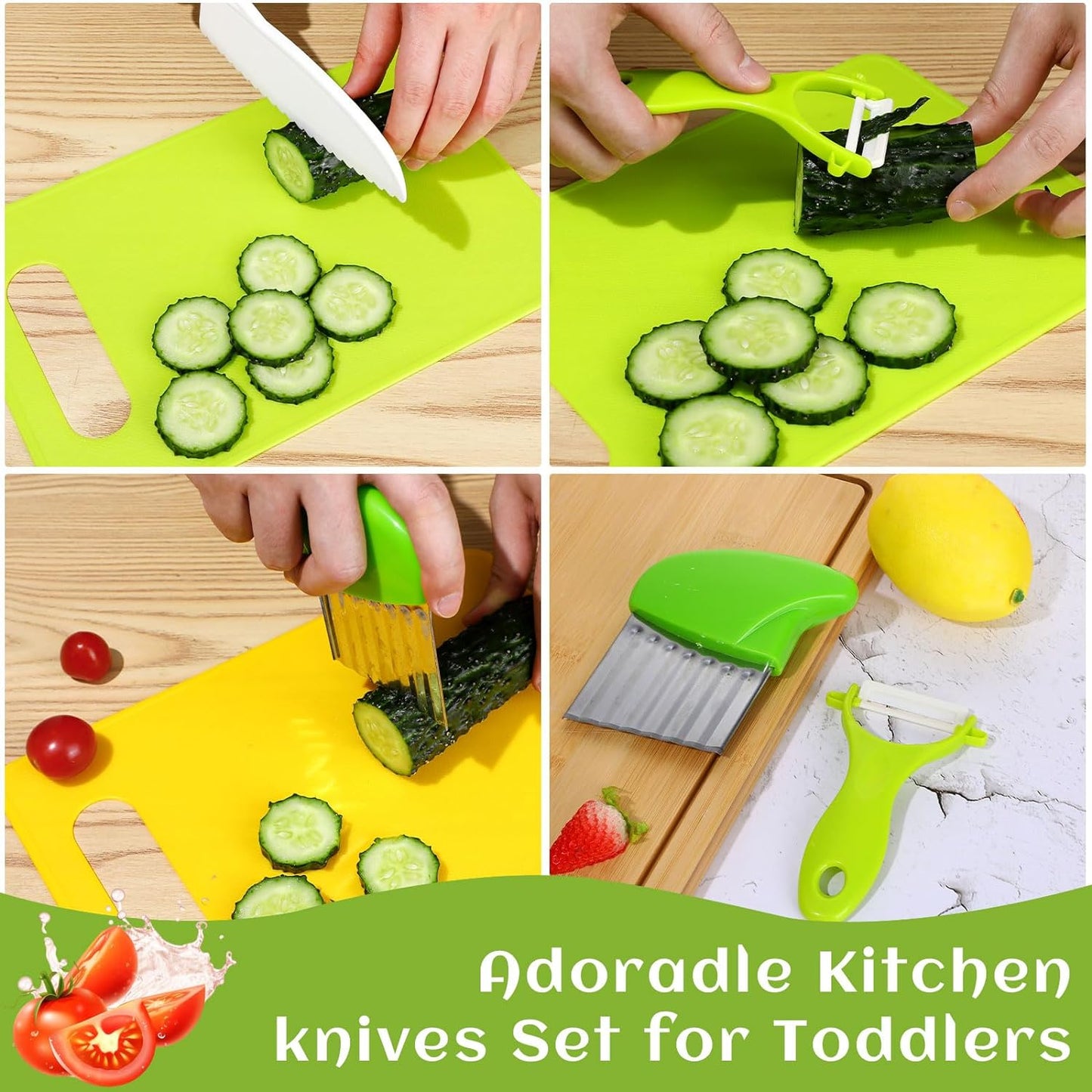 mwellewm 5 Pcs Kids Knife Set for Real Cooking Toddler Montessori Kitchen Tools Kids Friendly Cutting Board and Knives Set for Bread Vegetable Fruit Cake