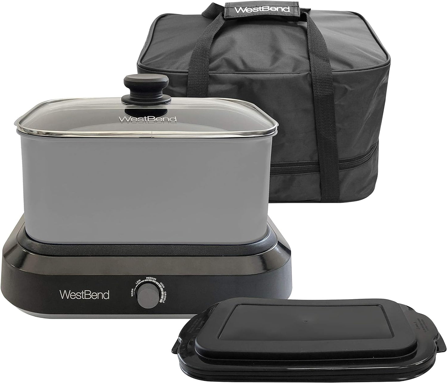 West Bend 87906 Slow Cooker, Large-Capacity Non-Stick Vessel with Variable Temperature Control, Travel Lid and Thermal Carrying Case, 6 Qt, Silver