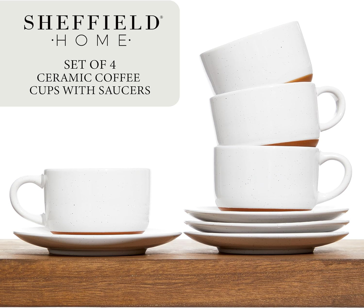 SHEFFIELD HOME Elegant Coffee Mug Set - Set of 4 Stoneware 8oz Cups with Saucers – Dishwasher and Microwave Safe Ceramic - Ideal for Cappuccino, Espresso, Latte, or Tea - Vanilla White