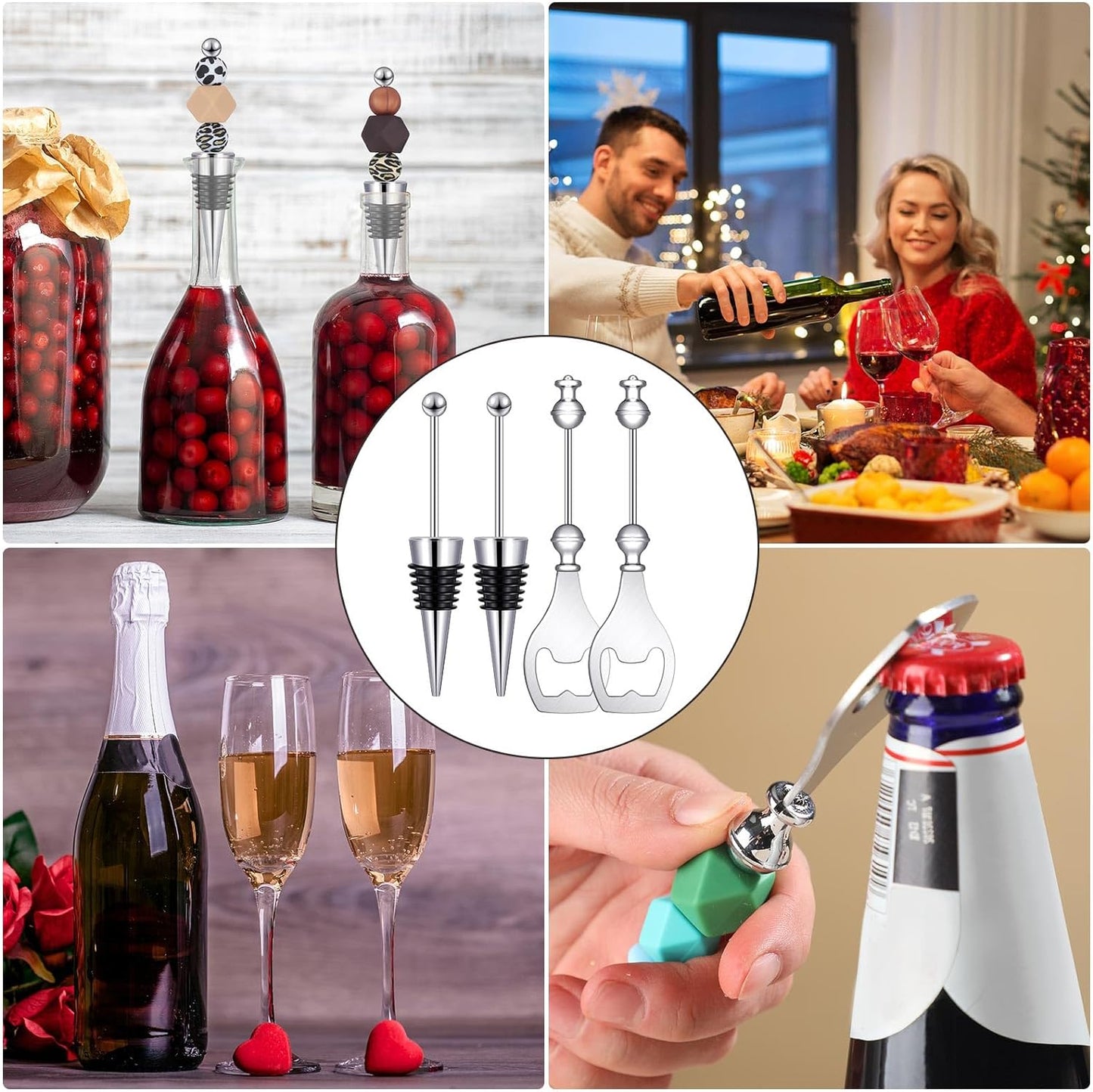 20 Pcs Beadable Wine Stoppers Bulk Beadable Beer Opener Set 10 Decorative Beaded Wine Bottle Stopper 10 Alloy Reusable Bottle Opener for Baby Shower Bar Party Wedding DIY Favor Gifts