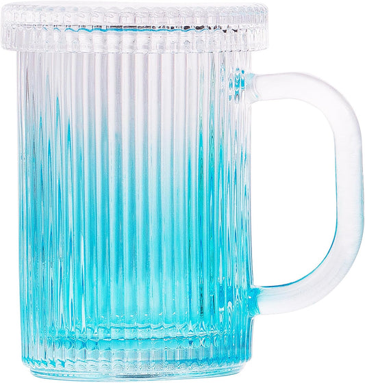 Lysenn Blue Glass Coffee Mug - Classic Vertical Stripes Tea Mug - Elegant Coffee Cup with Glass Lid for Latte, Espresso - Lovely Gift for Christmas, Anniversary and Birthday - 11 oz
