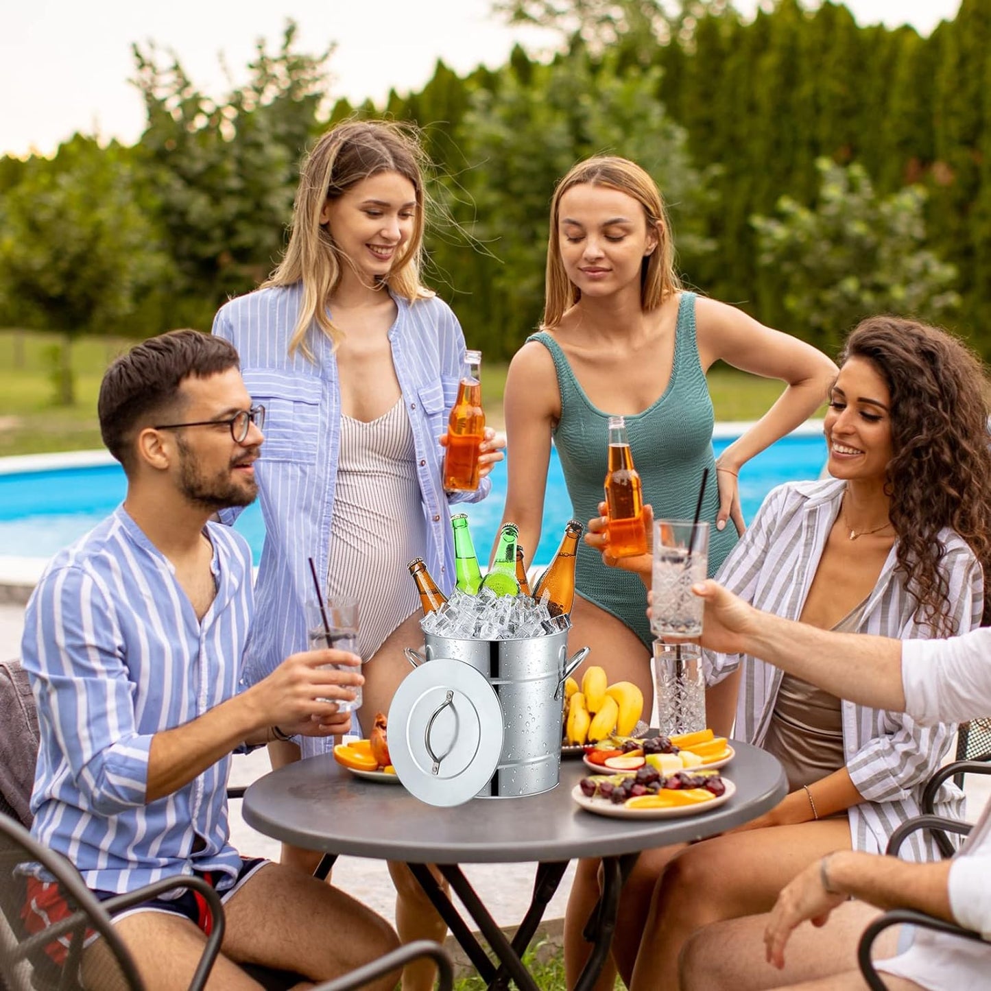 4 Pcs Insulated Ice Bucket 5.3 QT/ 5 L, Galvanized Ice Buckets For Parties, Metal Bucket Cooler Drink Tub with Lid, Scooper, Stainless Steel Wine Cooler Bucket for Cocktail Bar Beverage Champagne