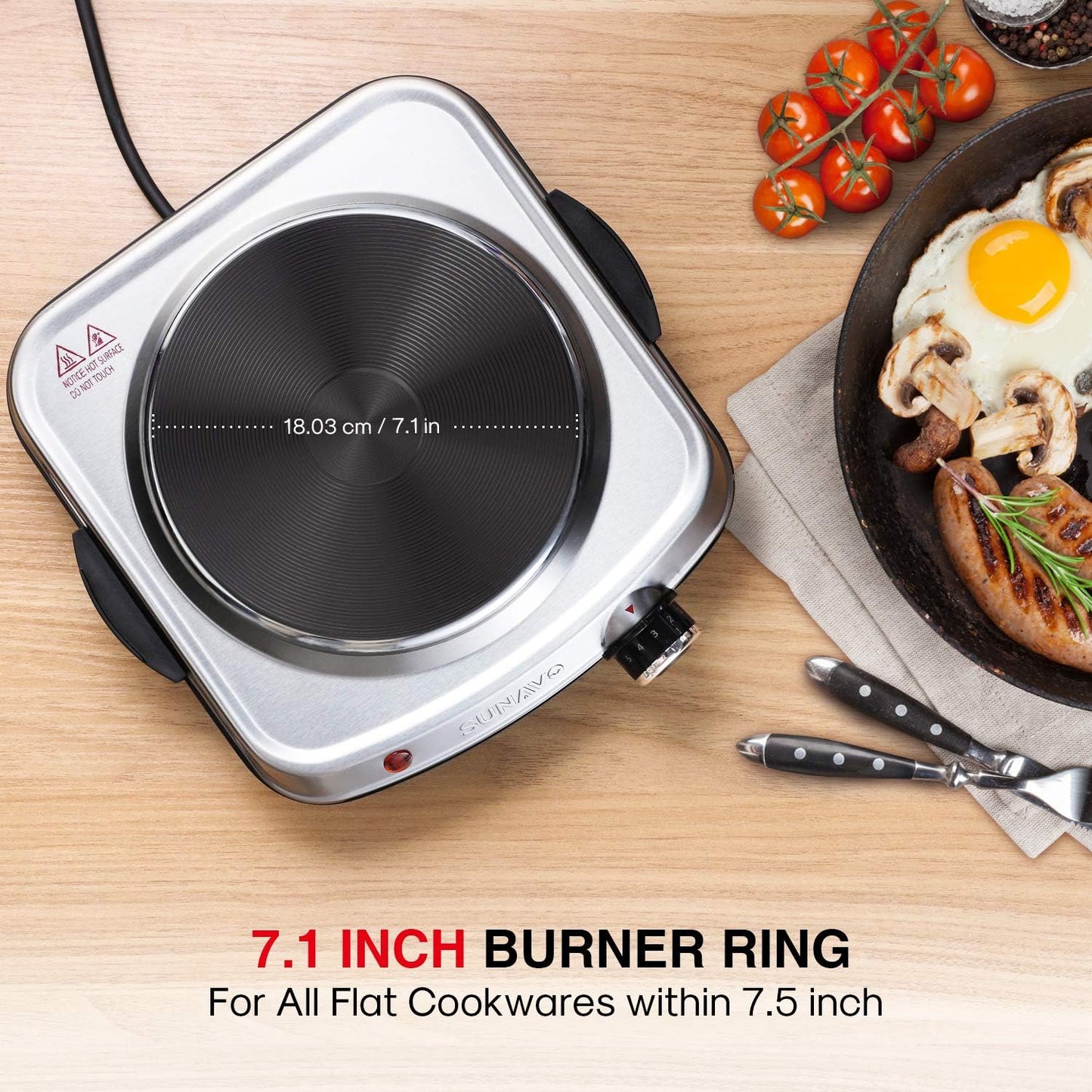 1500W Hot Plates for Cooking, Electric Single Burner with Handles, 6 Power Levels Stainless Steel Hot Plate for Kitchen Camping RV and More Silver
