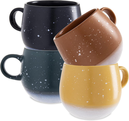 Set of 4 Stoneware Coffee Mugs- Bright and Colorful Coffee Cups, Mugs for Tea, Latte, and Hot Chocolate, 17 oz, (Teal, Navy, Yellow, Orange)