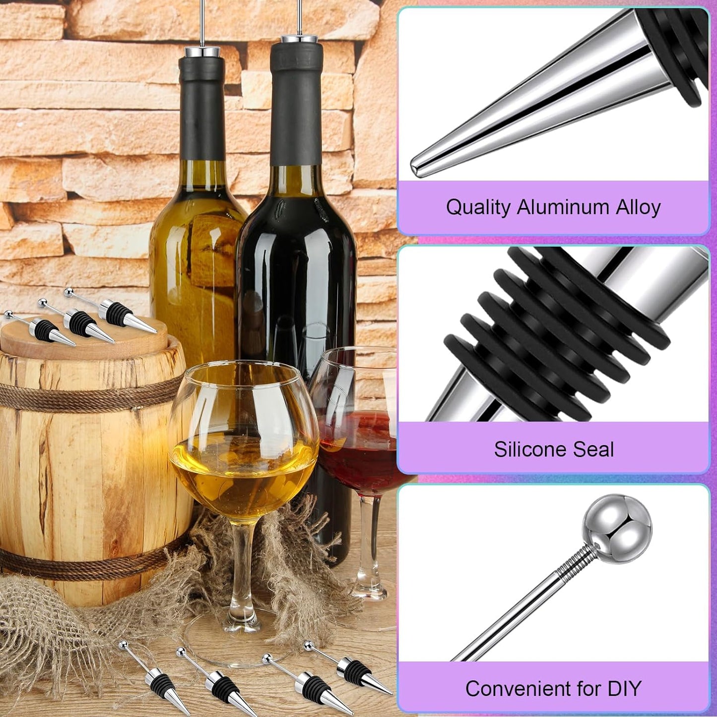 32 Sets Beadable Wine Bottle Stoppers Bulk, 32 Pcs Beadable Wine Bottle Stopper Alloy Wine Stoppers, 32 Pcs Thank You Cards, 32 Pcs Packaging Bags for Holiday Party Bar Gifts (Black)