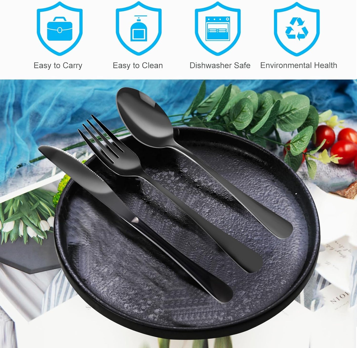 4PCS Premium Travel Utensils With Case, Stainless Steel Reusable Portable Utensils Set With Case, Lengnoyp Travel Silverware Set With Case for Lunch Box Includ Fork Spoon Knife Set, Black