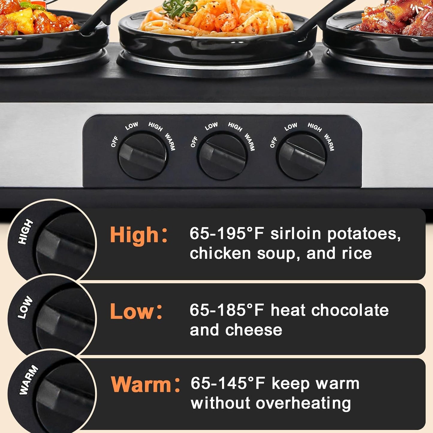 Triple Slow Cooker, Buffet Server Food Warmer, 3 * 1.5QT Slow Cooker with Ceramic Pot, 3 Modes Adjustable Temp, Dishwasher Safe, Removeable Glass Lid and 3 PVC Spoons,Stainless Steel