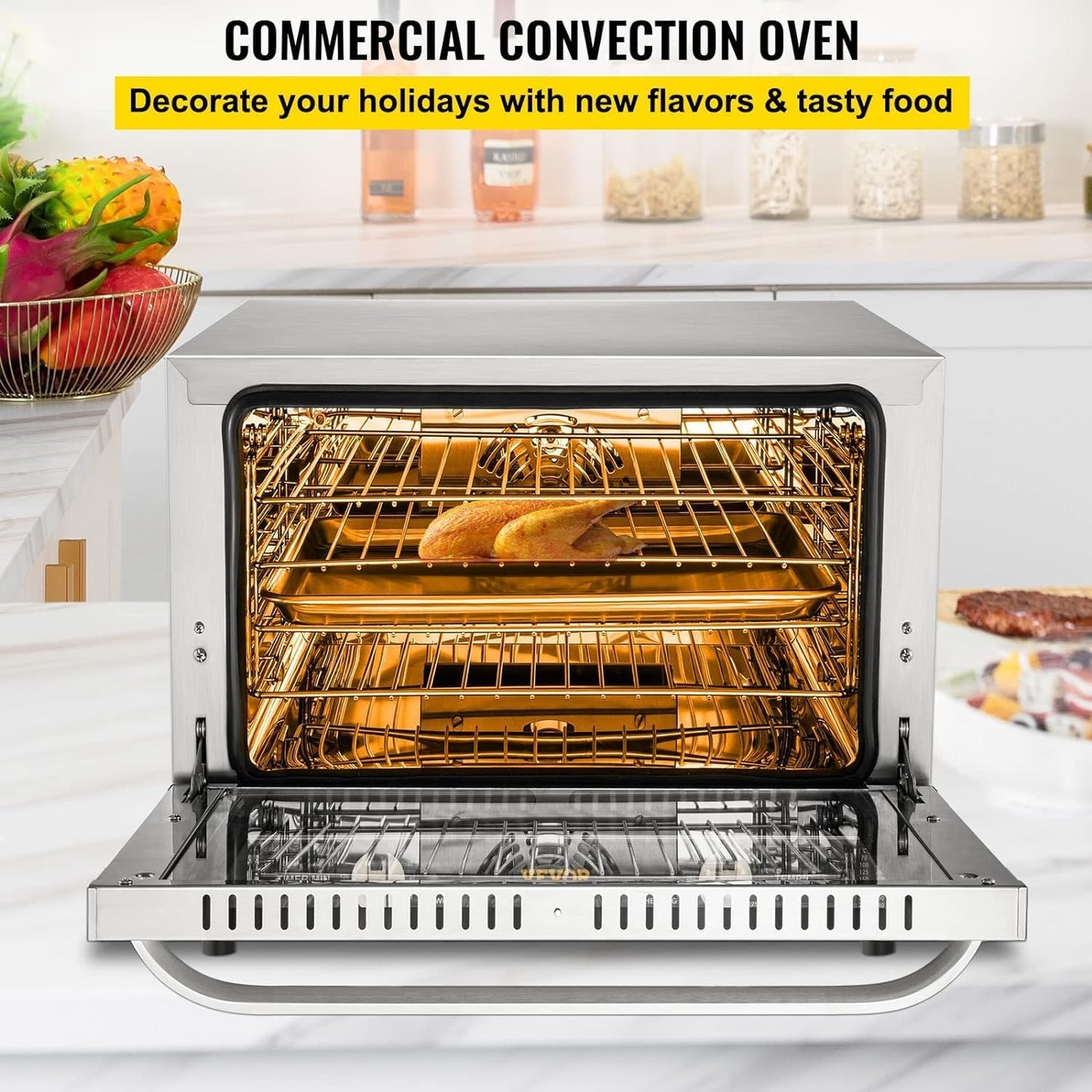 VEVOR Commercial Convection Oven, 66L/60Qt, Half-Size Conventional Oven Countertop, 1800W 4-Tier Toaster w/Front Glass Door, Electric Baking Oven w/Trays Wire Racks Clip Gloves, 120V