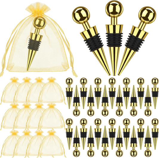 24 Pcs Gold Wine Stoppers Bulk Stainless Steel Bottle Stopper Reusable Wine Corks for Beverage Vacuum Silicone Stopper with Sheer Organza Bags for Guest Wedding Holiday Bar Party