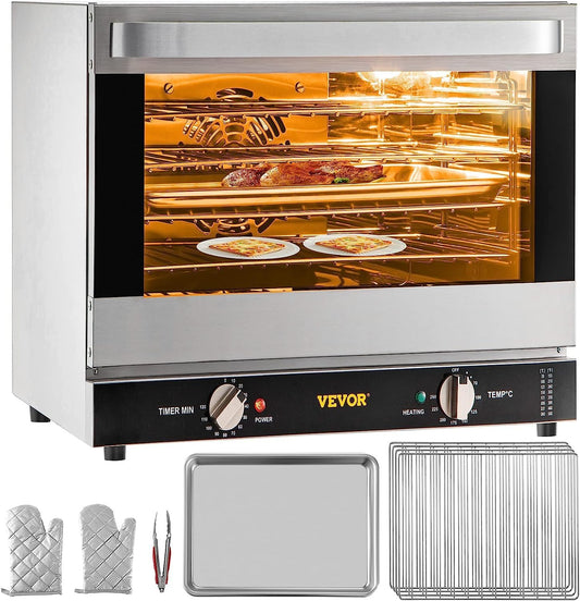 VEVOR Commercial Convection Oven, 66L/60Qt, Half-Size Conventional Oven Countertop, 1800W 4-Tier Toaster w/Front Glass Door, Electric Baking Oven w/Trays Wire Racks Clip Gloves, 120V