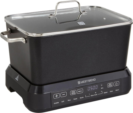 West Bend Versatility Plus Slow Cooker, Large-Capacity Non-Stick Multicooker with Variable Temperature Control, 20 Cooking Functions, 6-Quart, Black