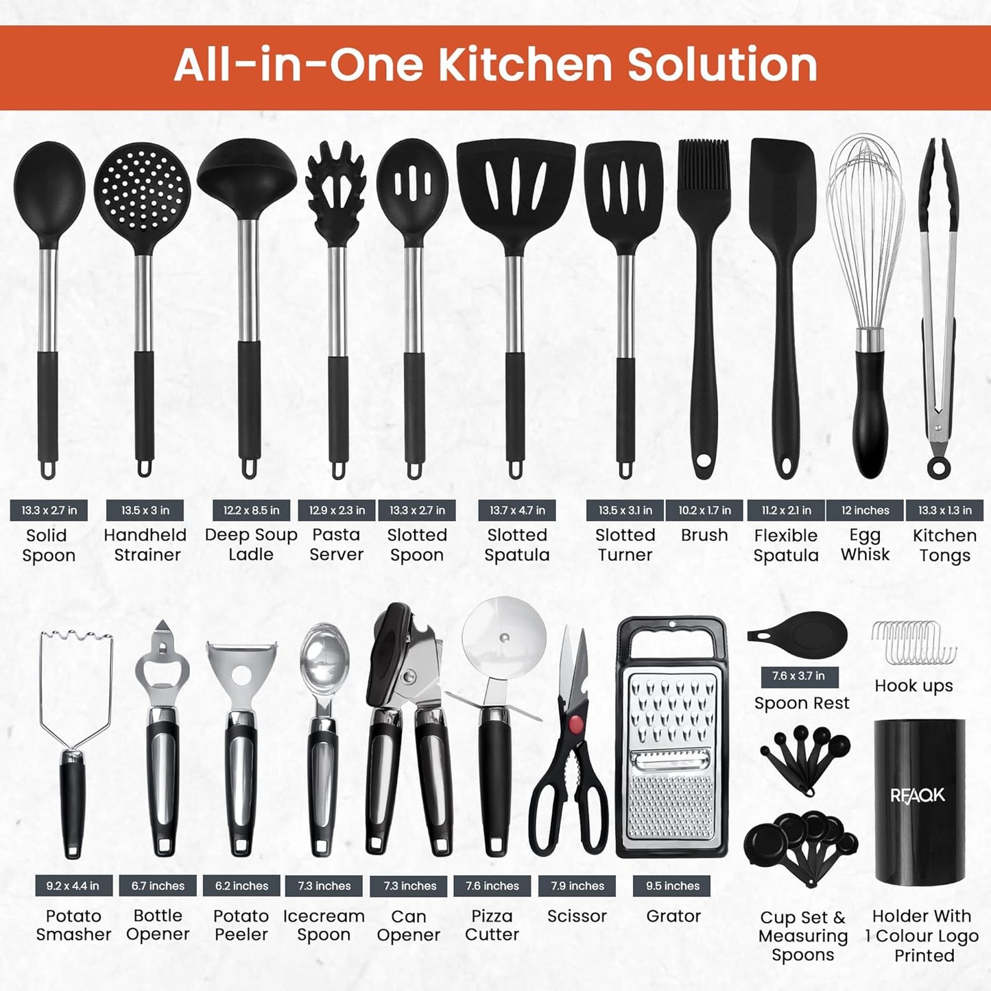 40PCs Silicone Cooking Utensils Set 446℉ Heat Resistance, RFAQK BPA Free Kitchen Utensils Set for Nonstick Cookware, Gadgets includes Can Opener, Potato Smasher,Peeler,Tongs,Spatula Set,Pizza Cutter