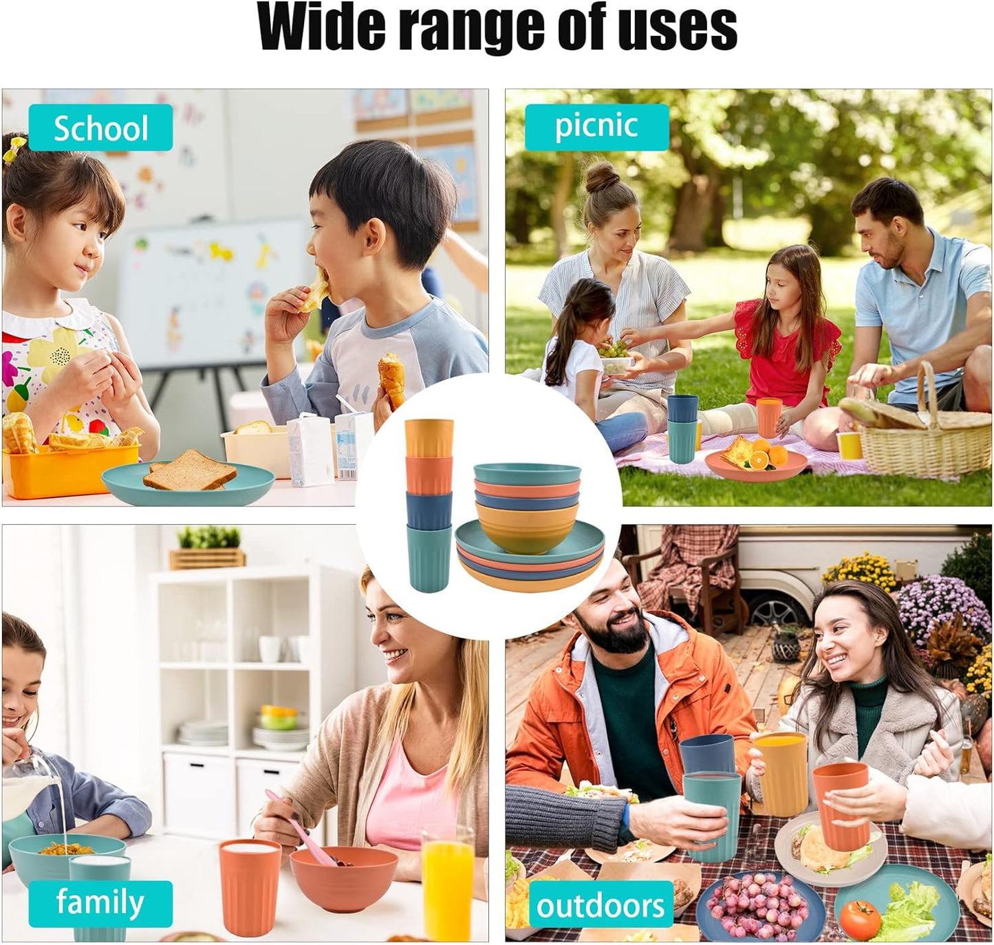 12pcs Wheat Straw Unbreakable Dinnerware Sets, Reusable Lightweight Bowls, Cups, Plates Set,Outdoor Camping Dishes, Cereal Bowls for Adult, Microwave & Dishwasher Safe