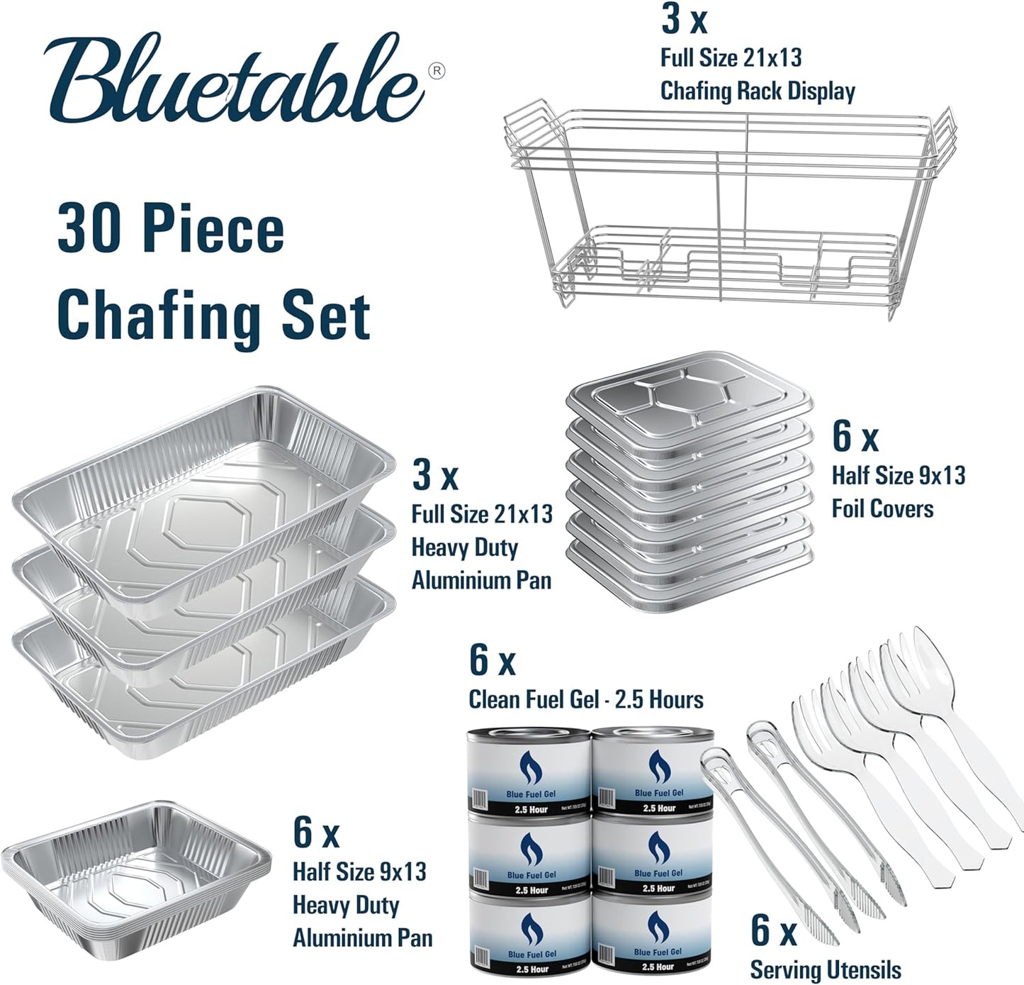 Chafing Dish Buffet Set Disposable - Chafing Dishes for Buffet Kit [30 Piece Set] Food Warmers for Parties - 2.5 Hour Fuel Cans, Wire Racks, Aluminum Pans, Covers, Servers Supplies [Full Size Set]