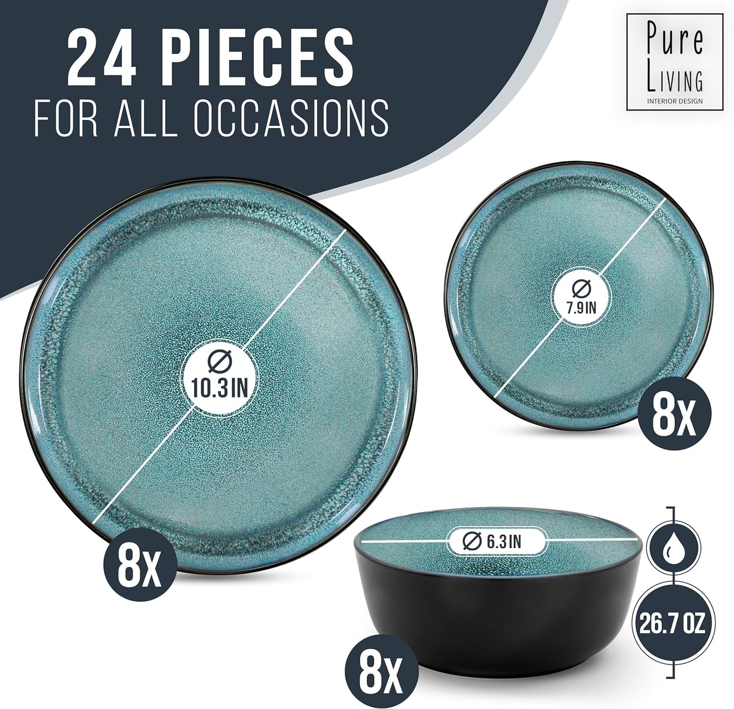 24 Piece Dinnerware Sets for 8 - Modern Style Stoneware Dinnerware Set - Scratch Resistant, Dishwasher Safe Plates and Bowls Sets Ceramic, Dish Set, Bowl and Plate Set - dark petrol blue