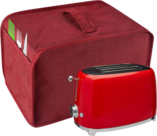 Toaster Cover with 2 Pockets,Can hold Jam Spreader Knife & Toaster Tongs, Toaster Appliance Cover with Top handle,Dust and Fingerprint Protection, Machine Washable (2 Slice, Red)