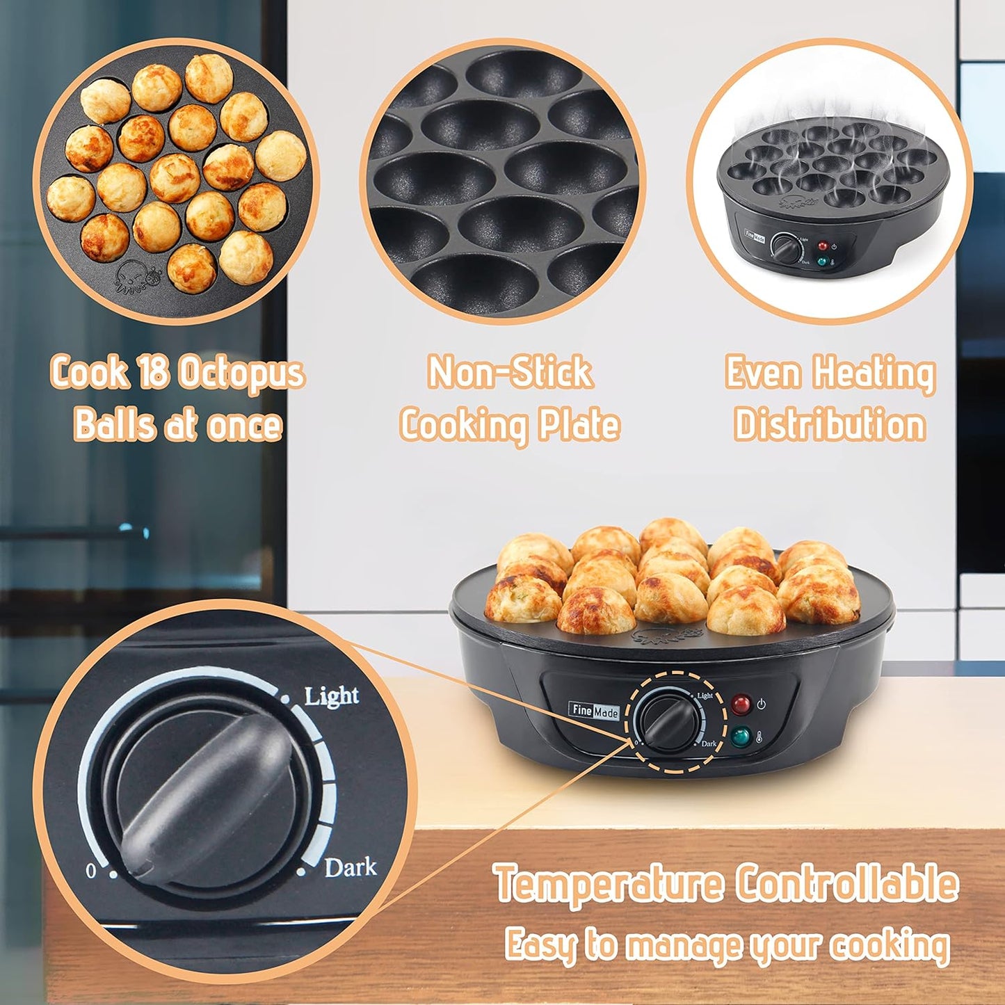 Takoyaki Maker Pan with Temperature Control, Tools and Recipes, Make 18 Japanese Octopus Balls at once, Easy to Use and Store