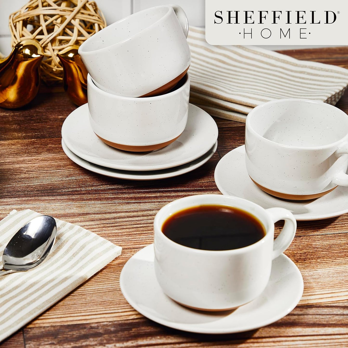 SHEFFIELD HOME Elegant Coffee Mug Set - Set of 4 Stoneware 8oz Cups with Saucers – Dishwasher and Microwave Safe Ceramic - Ideal for Cappuccino, Espresso, Latte, or Tea - Vanilla White