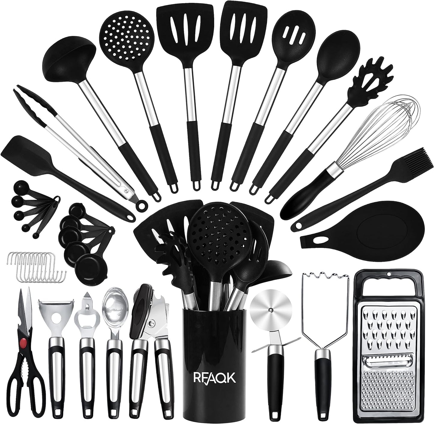 40PCs Silicone Cooking Utensils Set 446℉ Heat Resistance, RFAQK BPA Free Kitchen Utensils Set for Nonstick Cookware, Gadgets includes Can Opener, Potato Smasher,Peeler,Tongs,Spatula Set,Pizza Cutter