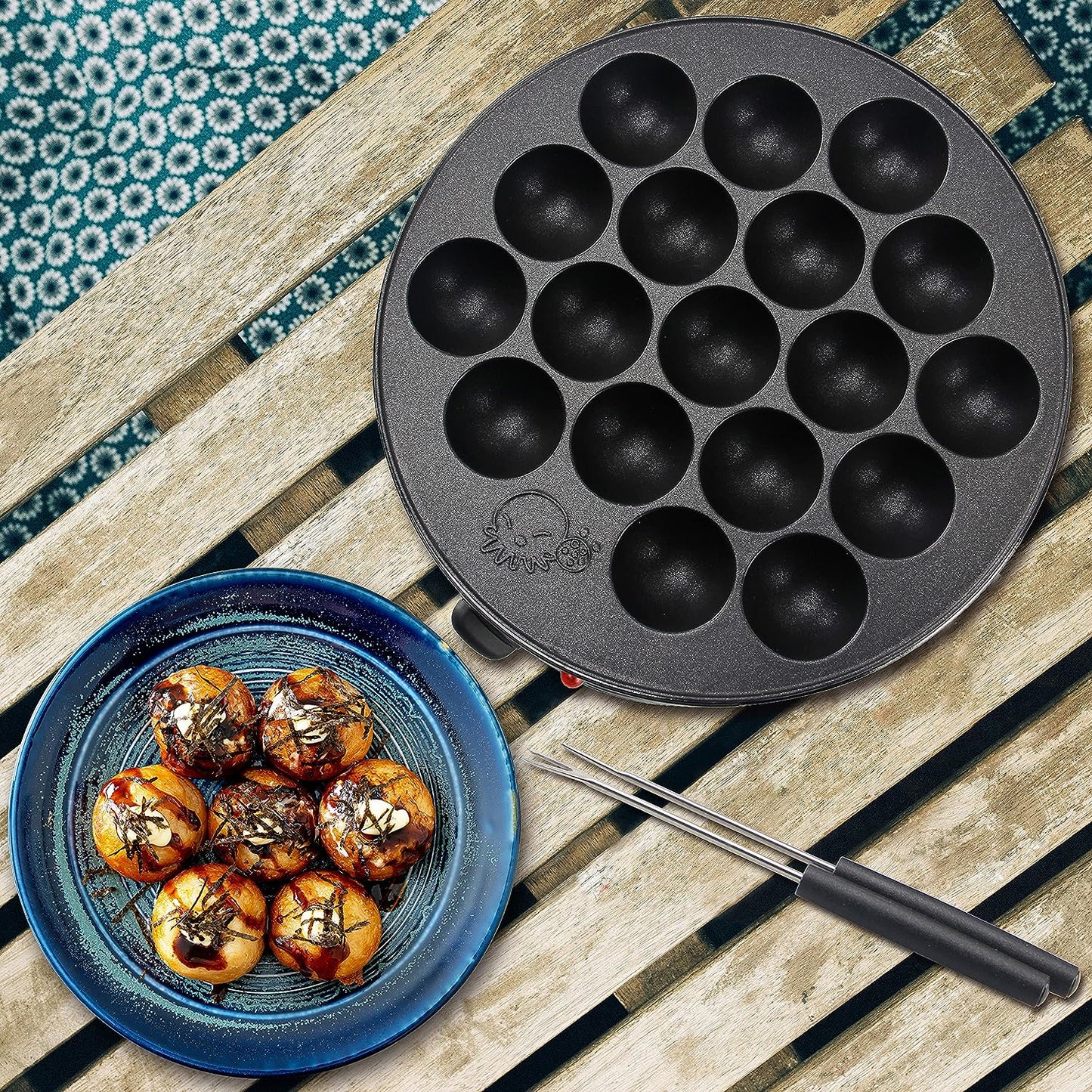 Takoyaki Maker Pan with Temperature Control, Tools and Recipes, Make 18 Japanese Octopus Balls at once, Easy to Use and Store