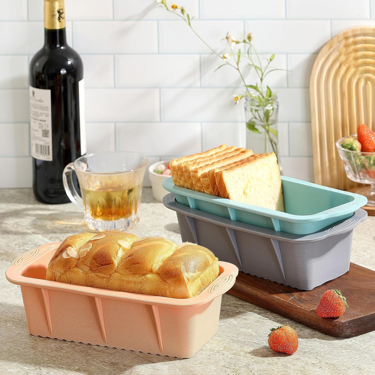 3PCS Silicone Bread Loaf Pan, Non-Stick Bread Pans for Baking, Easy Release Loaf Pan, Great for Homemade Bread, Cakes, Brownies, Dishwasher Safe (3 Colors, Nesting Design)